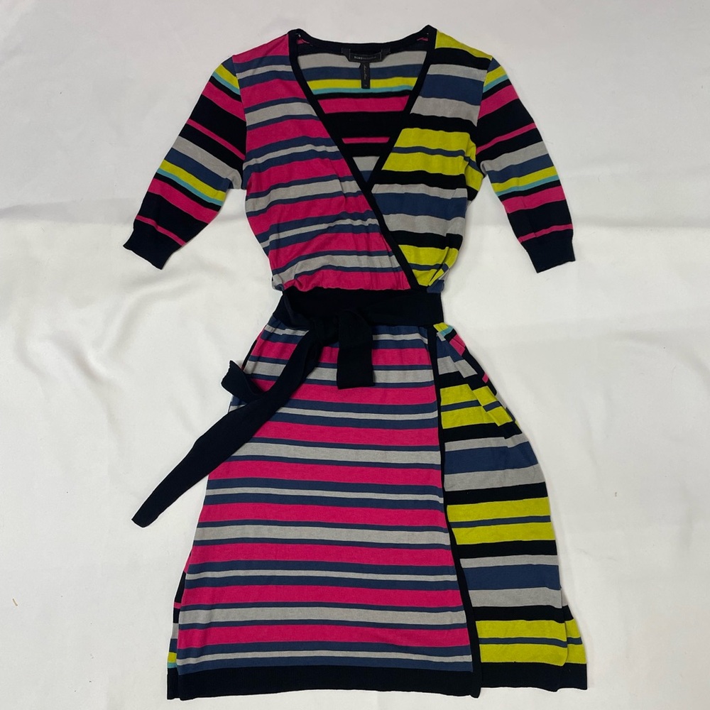 BCBG MAX AZRIA Faux Wrap Dress Sz XSmall Multi Colors Stripes
